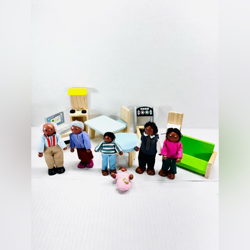 KIDKRAFT Wooden Doll Family Poseable African American Family Of 6 With Furniture